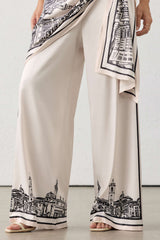 Artistic Print Satin Ruched Asymmetrical Wide Leg Pants