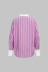 Contrast Stripes Print V-Neck Button Long-Sleeve Shirt