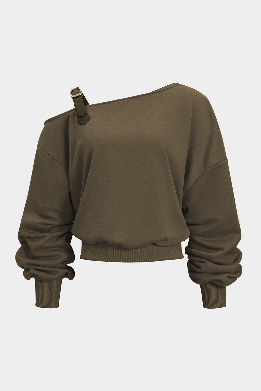 Asymmetrical Neck Ruched Long-Sleeve Top