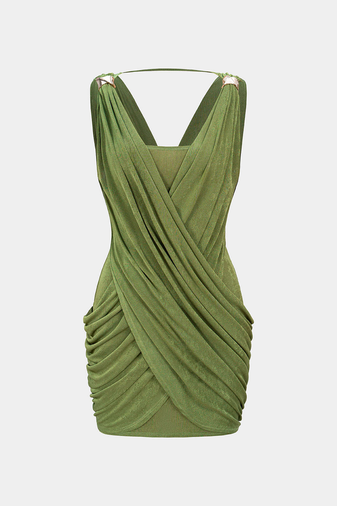 Crossed V-Neck Ruched Metallic Decor Sleeveless Mini Dress