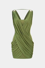 Crossed V-Neck Ruched Metallic Decor Sleeveless Mini Dress