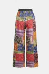 Abstract Print Satin Shirred Waistband Wide Leg Pants