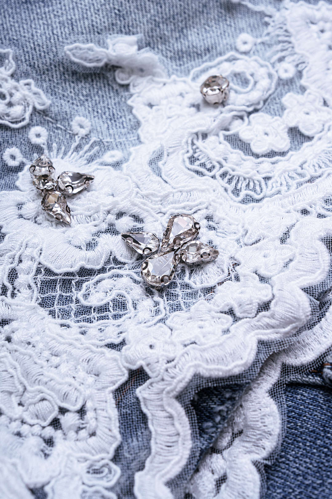 Denim Patchwork Lace Rhinestone Pearls Wide Leg Shorts