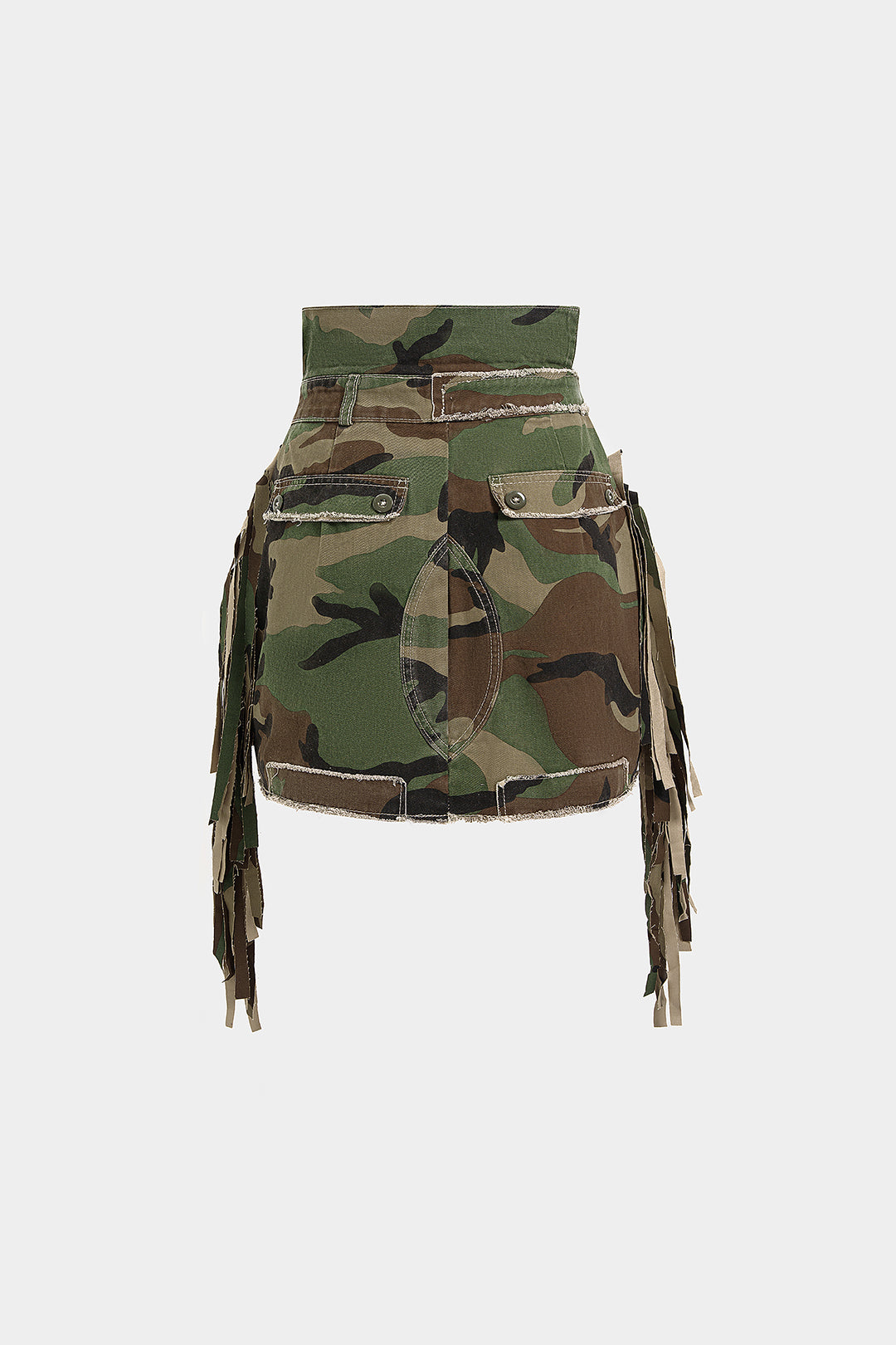 Camo Frayed Patchwork Fringe Mini Skirt
