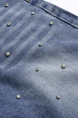 Denim Drawstring Beads Decor High Waist Wide Leg Jeans