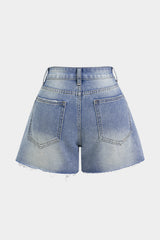 Denim Frayed Zipper High Waist Shorts