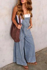 Denim Pocket Slip Sleeveless Wide Leg Jumpsuit