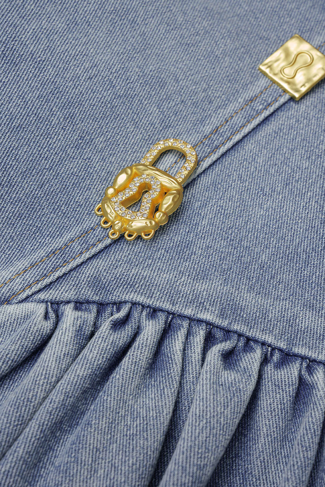 Denim Metallic Button Ruched Slip Sleeveless Mini Dress