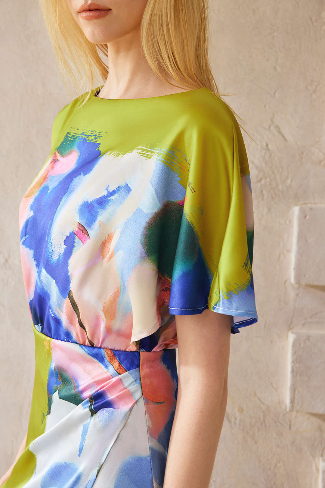 Abstract Print Satin Asymmetrical Short-Sleeve Maxi Dress