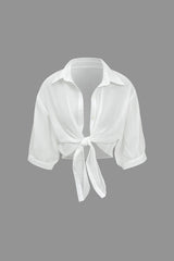 Chiffon Button Tie-Up Short-Sleeve Shirt