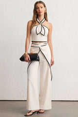 Contrast Binding Linen Halter Neck Top