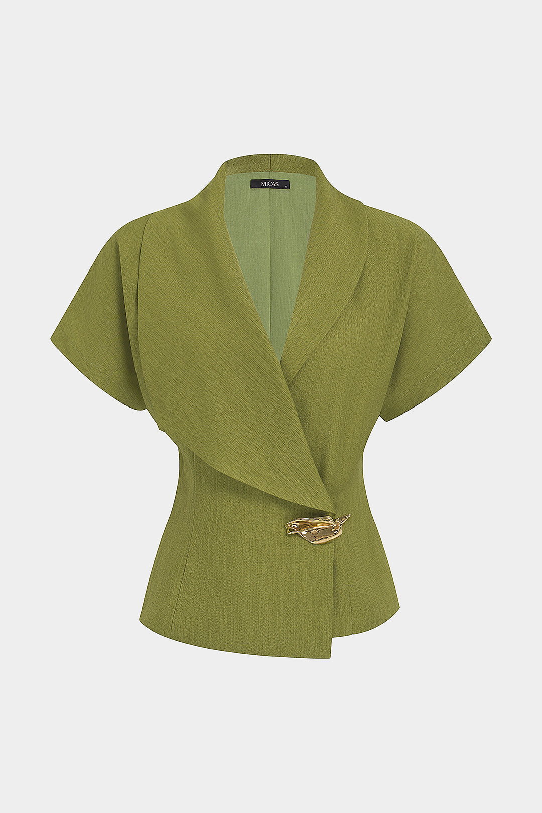 Asymmetrical Lapel Metallic Button Short-Sleeve Shirt