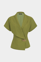 Asymmetrical Lapel Metallic Button Short-Sleeve Shirt