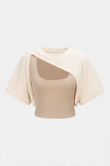Contrast Asymmetrical Round Neck Two-Piece Short Sleeve Top