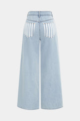 Denim Patchwork Stripes Print Asymmetrical Frayed Wide Leg Jeans