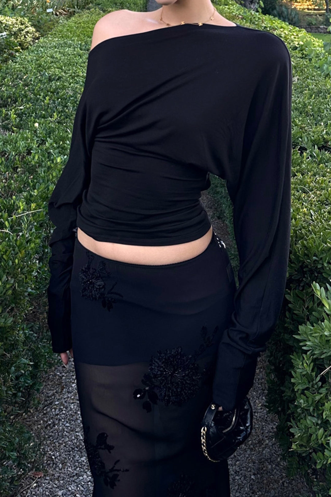 Cut Out Asymmetrical Neck Ruched Long-Sleeve Top