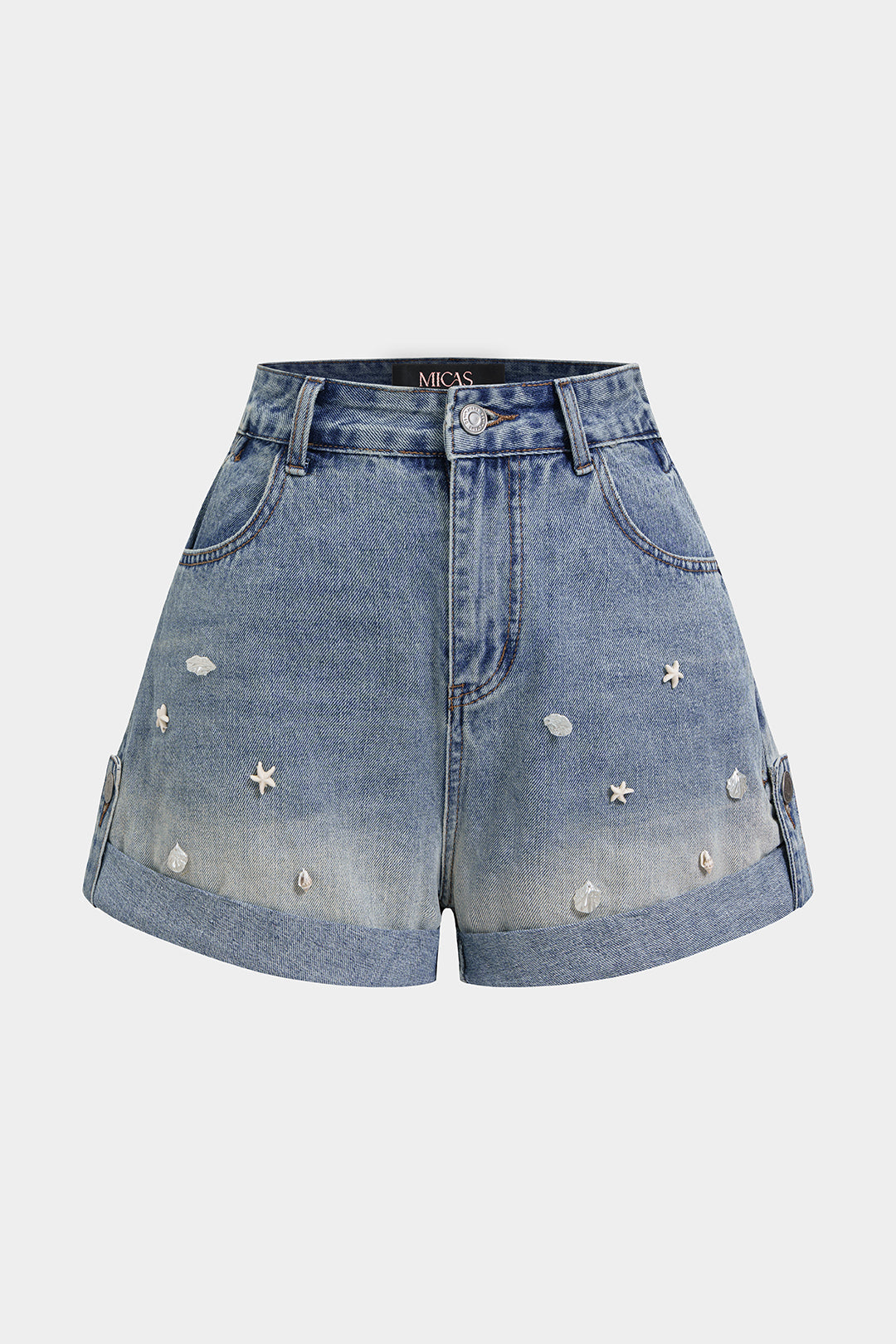 Denim Shell Starfish Decor High Waist Wide Leg Shorts