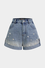Denim Shell Starfish Decor High Waist Wide Leg Shorts