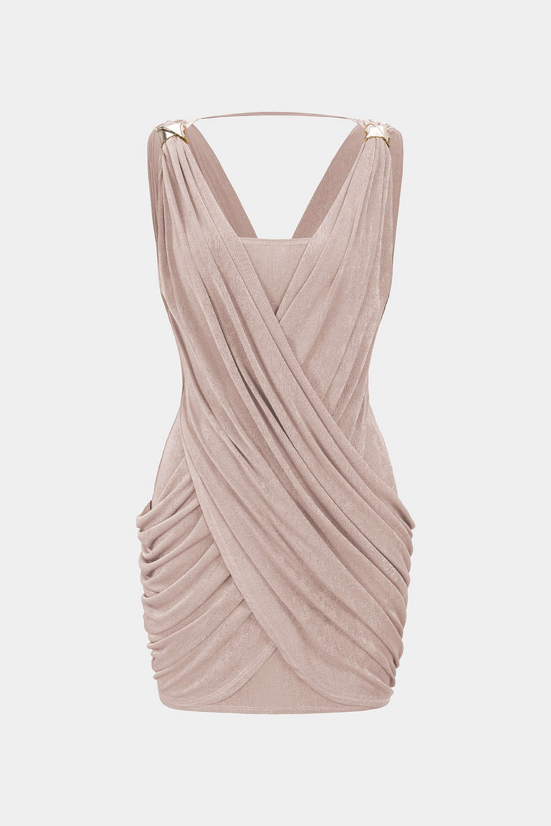 Crossed V-Neck Ruched Metallic Decor Sleeveless Mini Dress