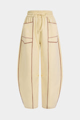 Contrast Shirred Waistband Drawstring Wide Leg Pants