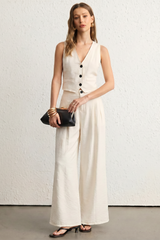 Button V-Neck Vest And Wide-Leg Pants Set