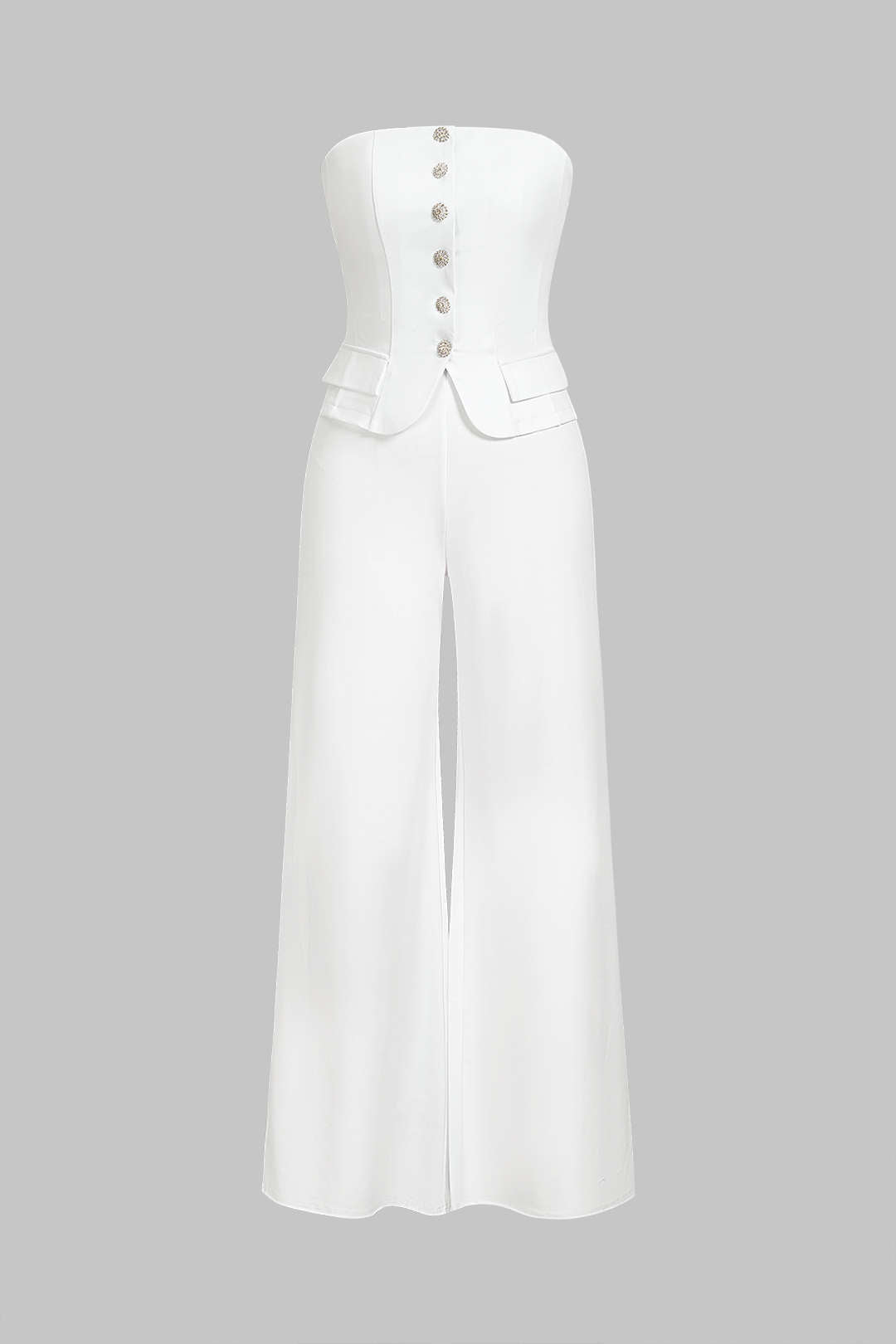 Button Strapless Sleeveless Wide Leg Jumpsuit