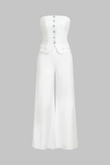 Button Strapless Sleeveless Wide Leg Jumpsuit