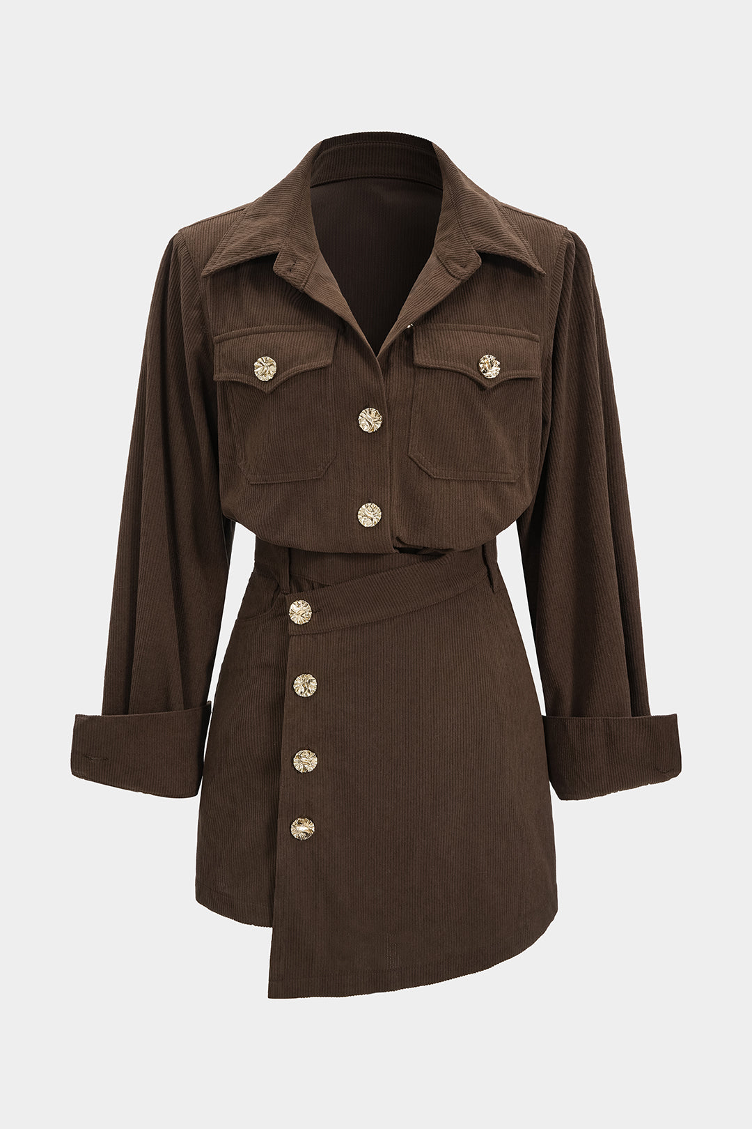 Corduroy Button Long-Sleeve Shirt And Button Skirt Set