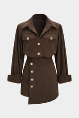 Corduroy Button Long-Sleeve Shirt And Button Skirt Set