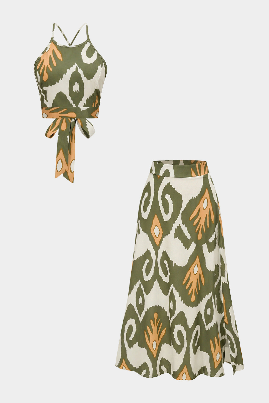 Abstract Print Satin Crossed Tie Back Cami Top And Skirt Set