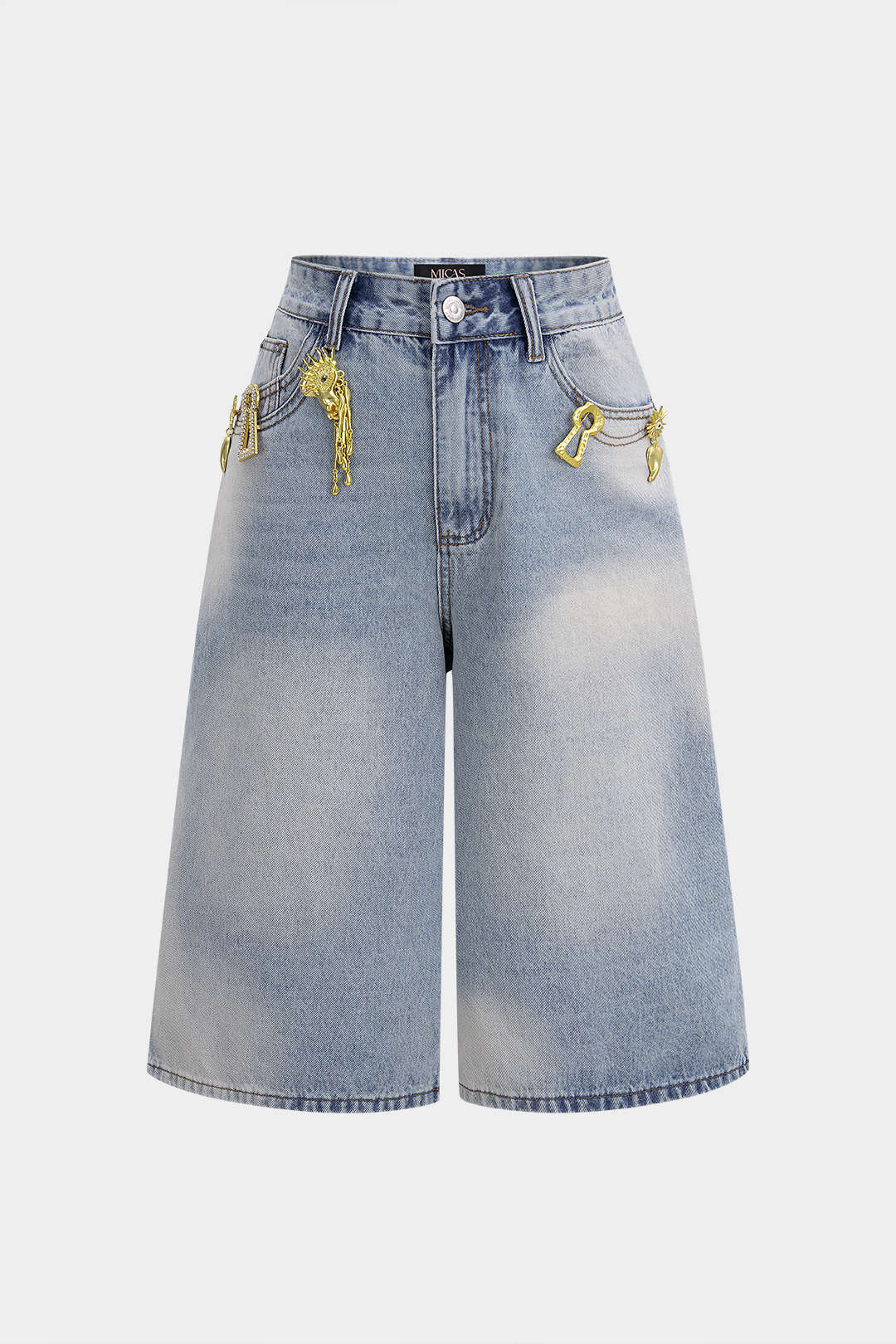 Denim Metallic Decor Wide Leg Shorts