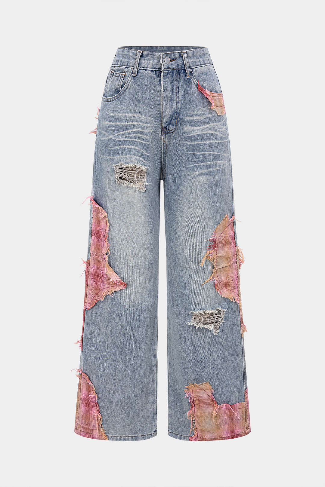 Denim Patchwork Plaid Print Asymmetrical Ripped Wide Leg Jeans