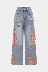 Denim Patchwork Plaid Print Asymmetrical Ripped Wide Leg Jeans