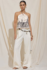 Artistic Print Satin Halter Neck Backless Tie-Up Beaded Top