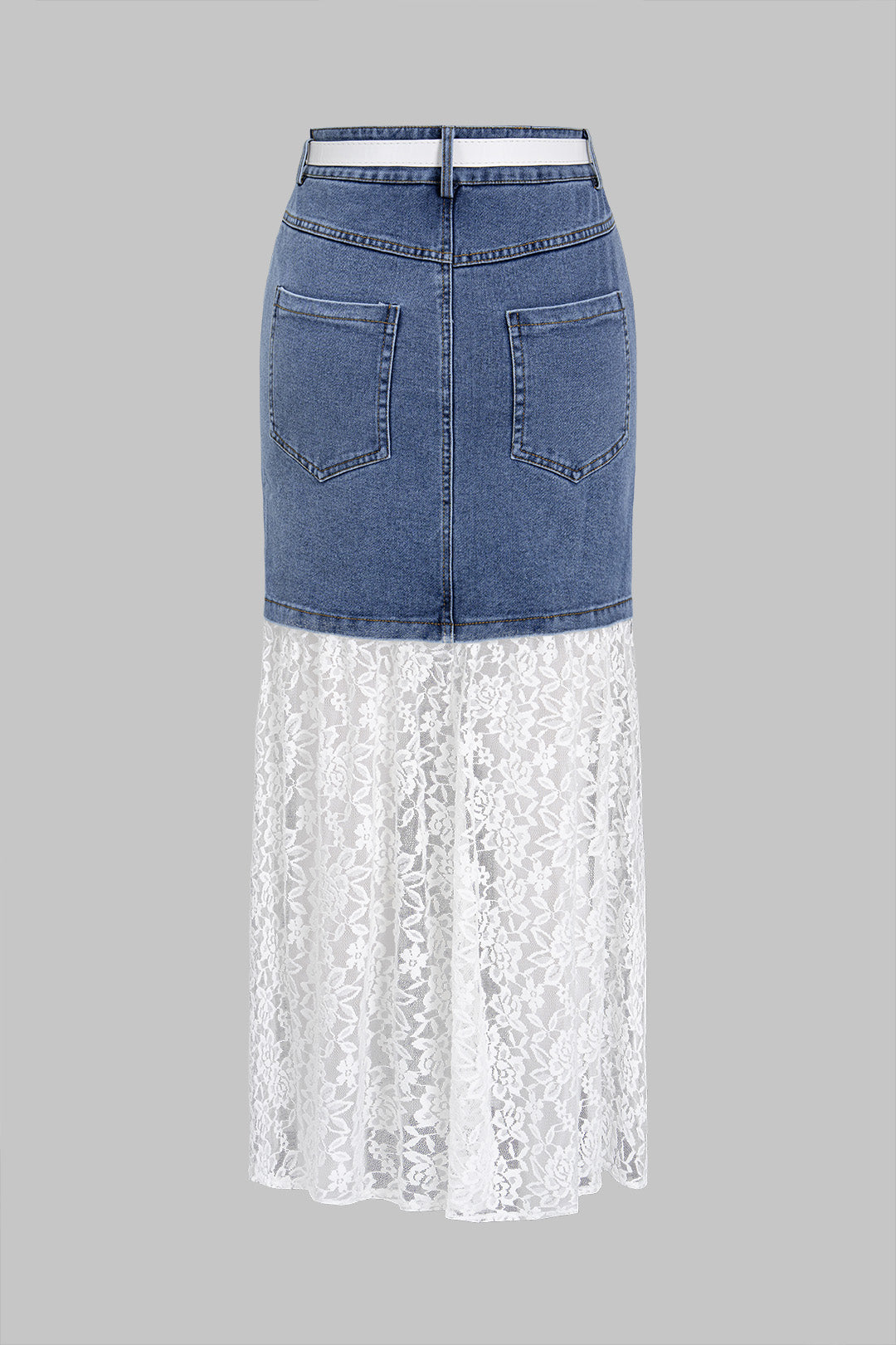 Denim Patchwork Lace Belted High Waist Skirt