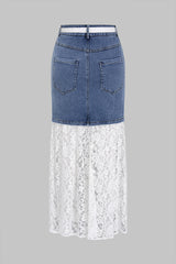 Denim Patchwork Lace Belted High Waist Skirt