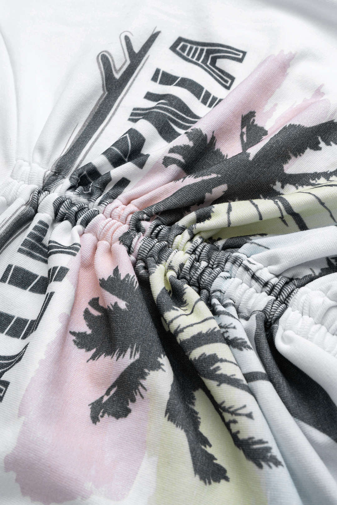Coconut Palm Letter Print Round Neck Drawstring Ruched Short Sleeve T-Shirt