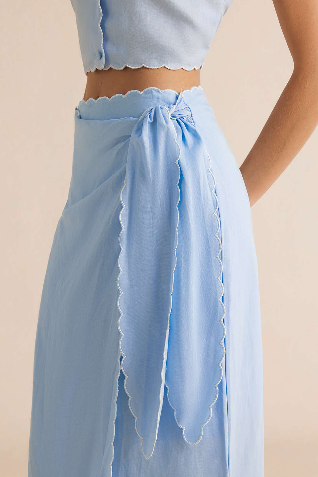 Contrast Whipstitching Linen Tie Front Wrap Skirt