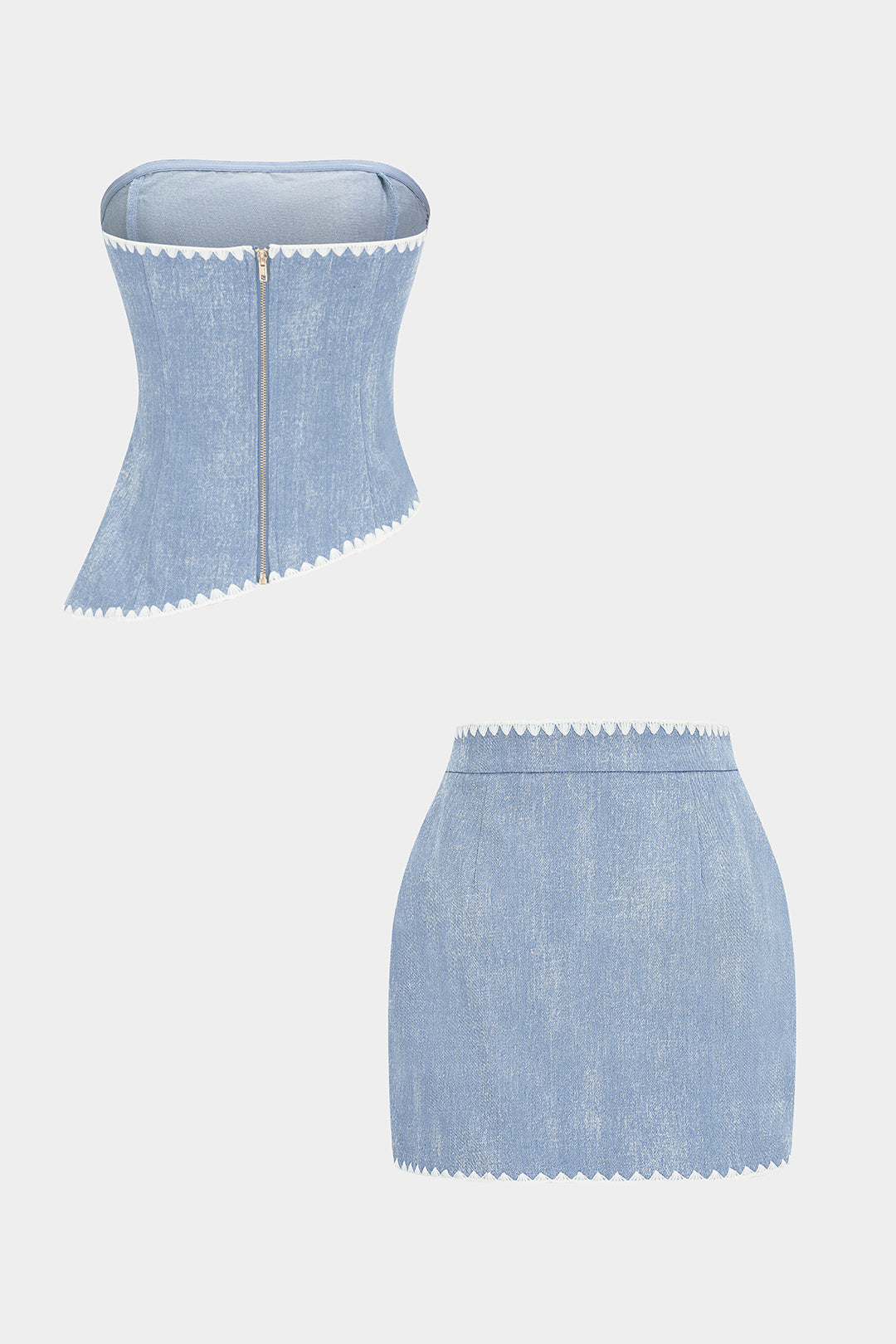 Denim Contrast Whipstitching Asymmetrical Hem Tube Top And Pocket Skirt Set