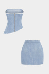 Denim Contrast Whipstitching Asymmetrical Hem Tube Top And Pocket Skirt Set