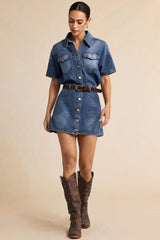 Denim Button Pocket Belted Short Sleeve Mini Dress