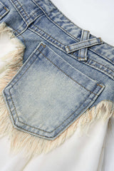 Denim Patchwork Chiffon Irregular Hem Frayed Skirt