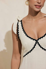 Contrast Binding Tie-Up Backless Sleeveless Midi Dress