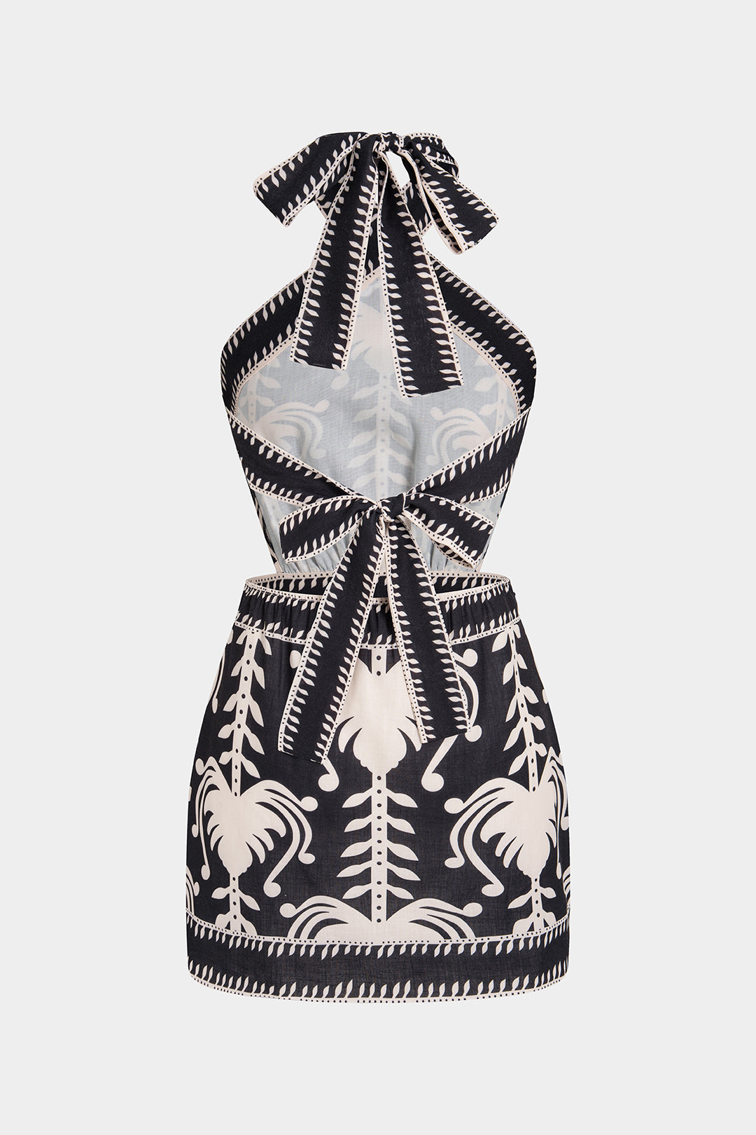 Coconut Palm Print Linen Crossed Tie-Up Sleeveless Mini Dress