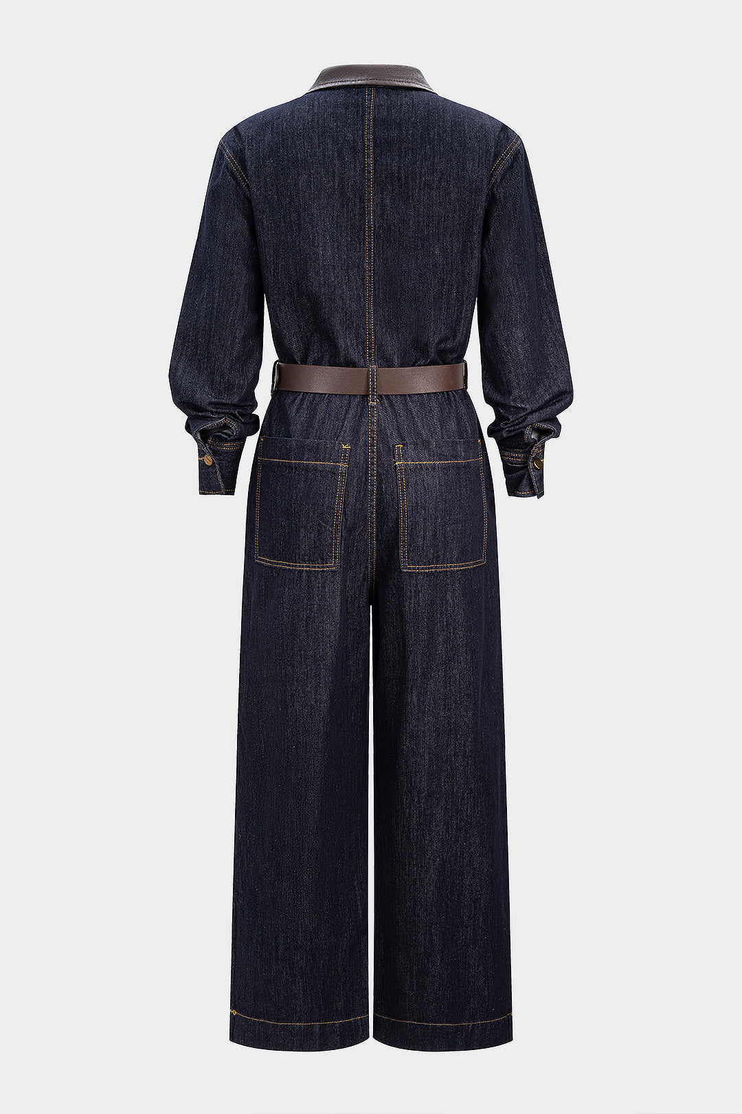 Denim Faux Leather Patchwork Belted Long-Sleeve Jumpsuit