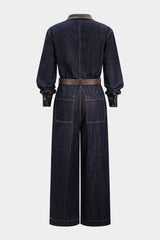 Denim Faux Leather Patchwork Belted Long-Sleeve Jumpsuit