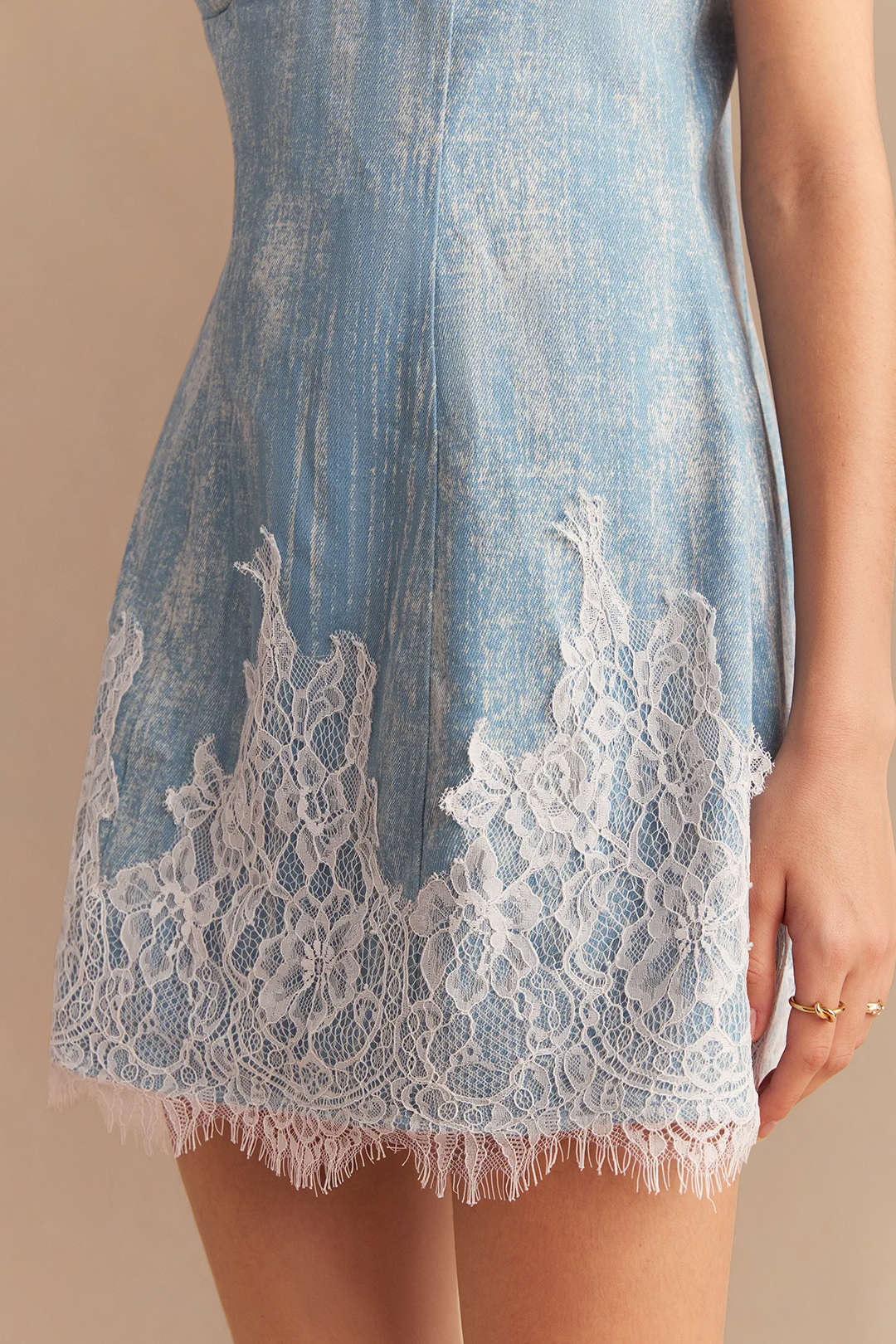 Denim Patchwork Lace Trim Zipper Sleeveless Mini Dress