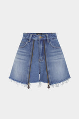 Denim Frayed Zipper Pocket Shorts