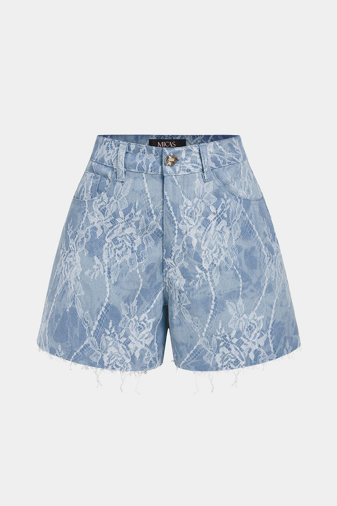 Denim Patchwork Lace Metallic Button Pocket Shorts