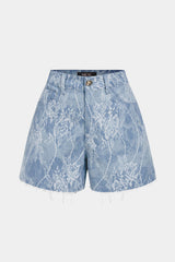 Denim Patchwork Lace Metallic Button Pocket Shorts